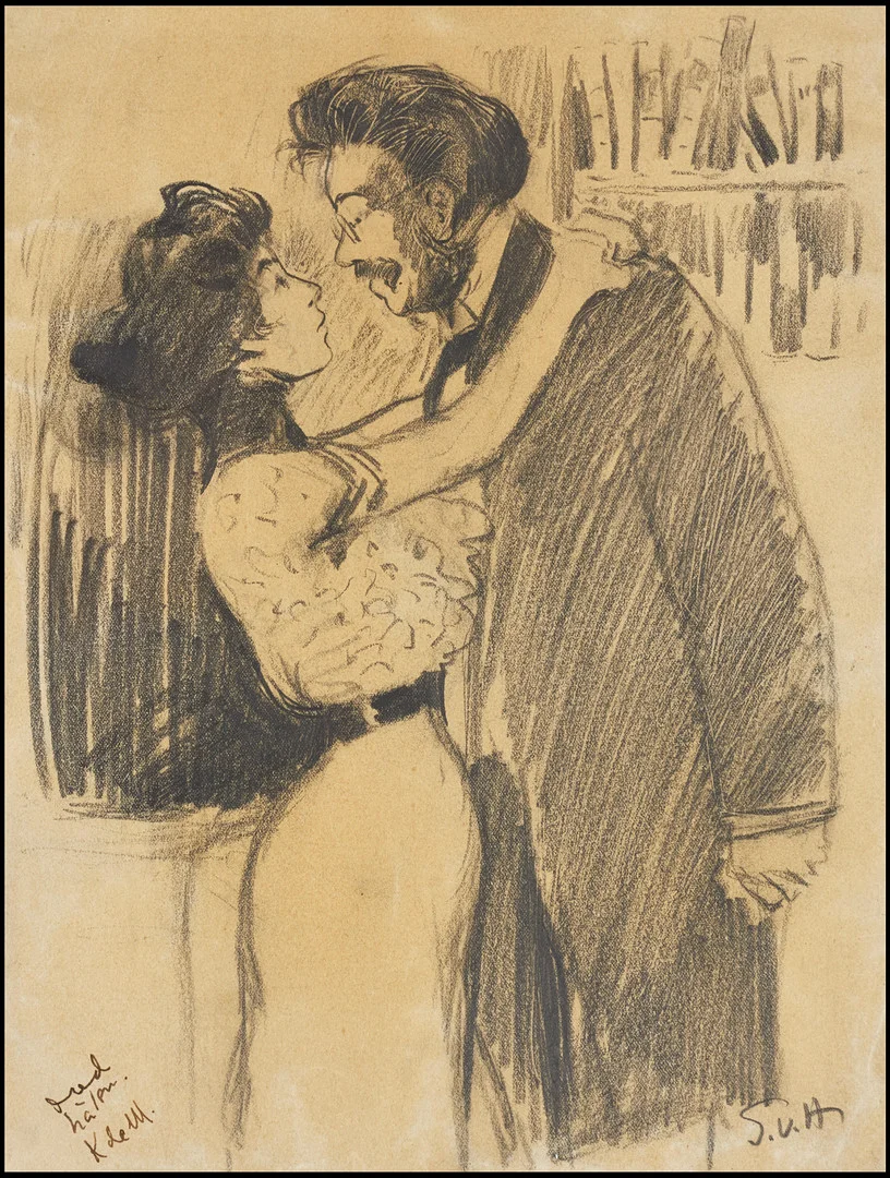 GÖSTA VON HENNIGS (1866-1941): Kurtiserande par, monogramsignerad GvH, med dediaktion Kar de Mumma), blyerts. — Drawings — Crafoord Auktioner Stockholm