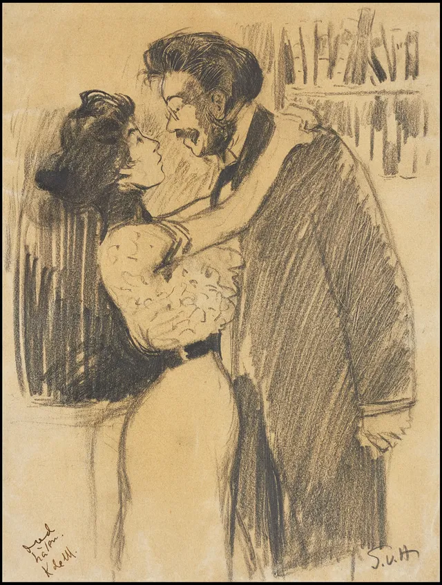 GÖSTA VON HENNIGS (1866-1941): Kurtiserande par, monogramsignerad GvH, med dediaktion Kar de Mumma), blyerts.