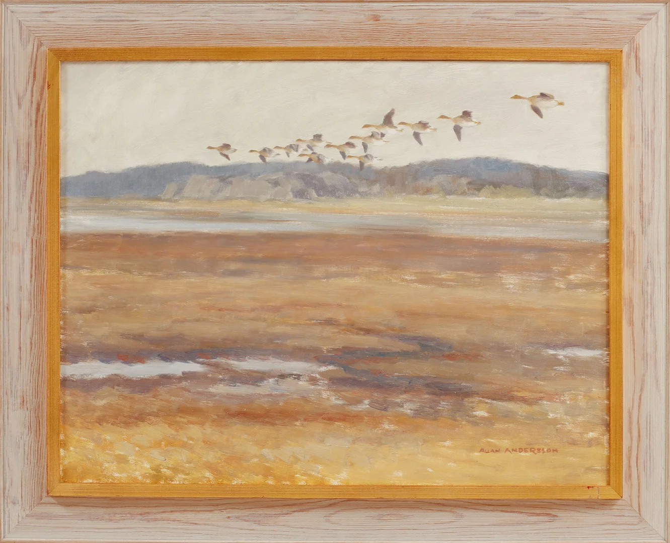 ALLAN ANDERSSON. "Sädgäss över strandängar, vår", olja på duk, signerad. — Engravings & Prints — Göteborgs Auktionsverk