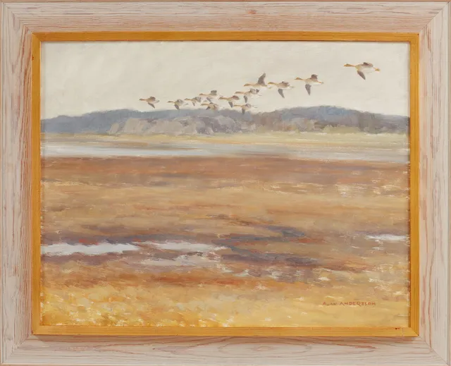 ALLAN ANDERSSON. "Sädgäss över strandängar, vår", olja på duk, signerad.