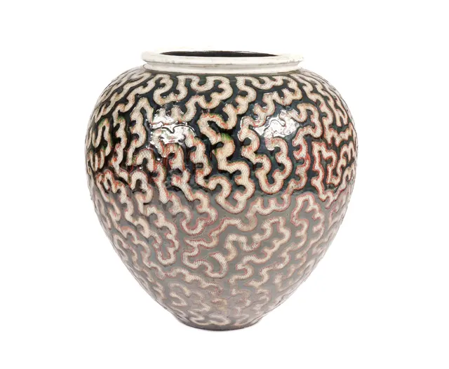 Per Weiss: Large floor vase of glazed stoneware with ornamentation in light relief