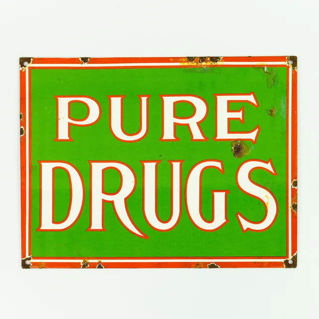 VINTAGE STYLE ENAMEL PURE DRUGS SIGN.