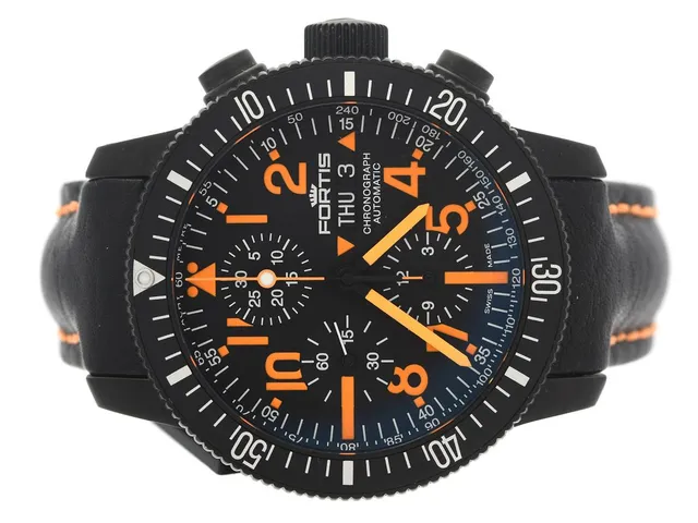 FORTIS, B-42, "Mars 500", "Tachymetre", Cal ETA 7750, Serie nr. 2064, Ref nr. 638.28.13.L13, Boett nr. 638.28.141, kronograf, herrur, 42 mm, svart PVD, automatisk, safirglas, dag, datum, läderband, viklås i svart PVD, cert, februari 2016, box. Limiterad och numrerad (Nr: 226/500).
