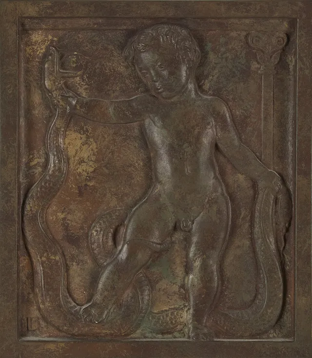 LÉO HOLMGREN. Väggrelief, föreställande Herkules, patinerad gips, monogramsignerad.