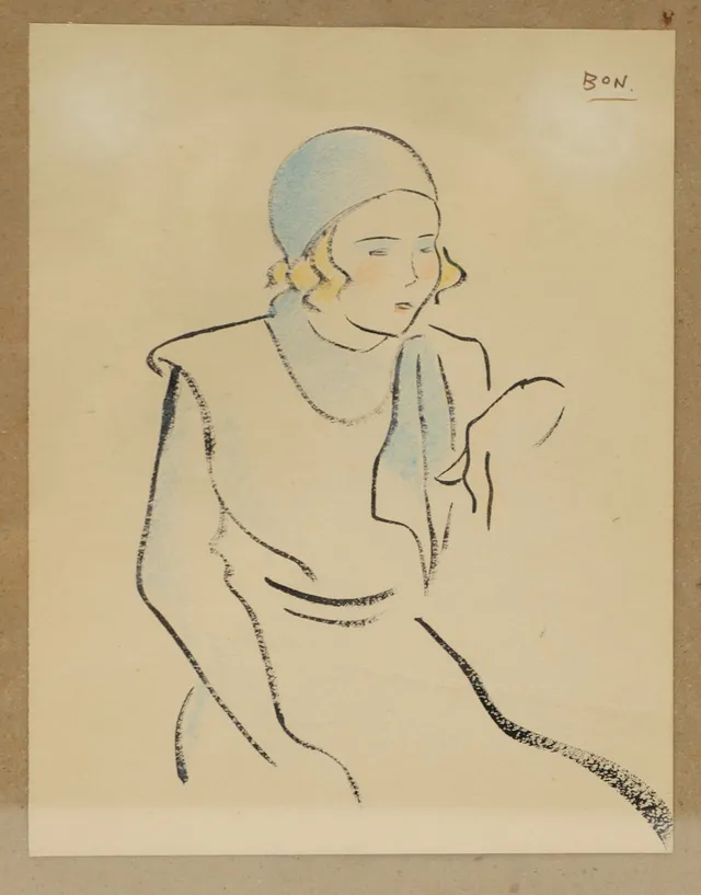 ROMÀ BONET (1886-1966). Joven con bufanda, ceras y tinta sobre papel, firmado BON.