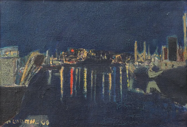 STEN LINDAHL. Nattmotiv Oskarshamns hamn, olja på duk, signerad.