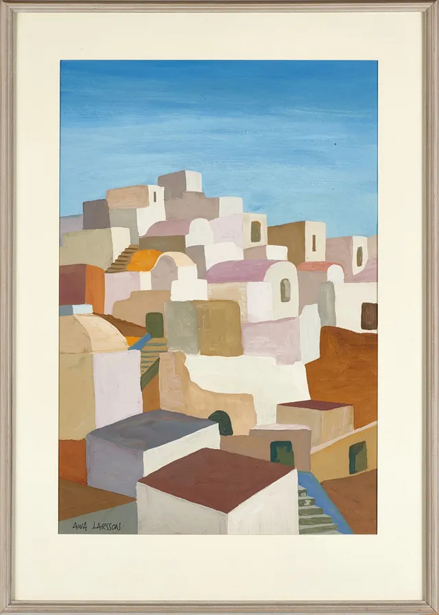 AINA LARSSON (Mellösa 1935-2022 Katrineholm). Lindos på Rhodos. Grekland, signerad Aina Larsson, gouache på papper.