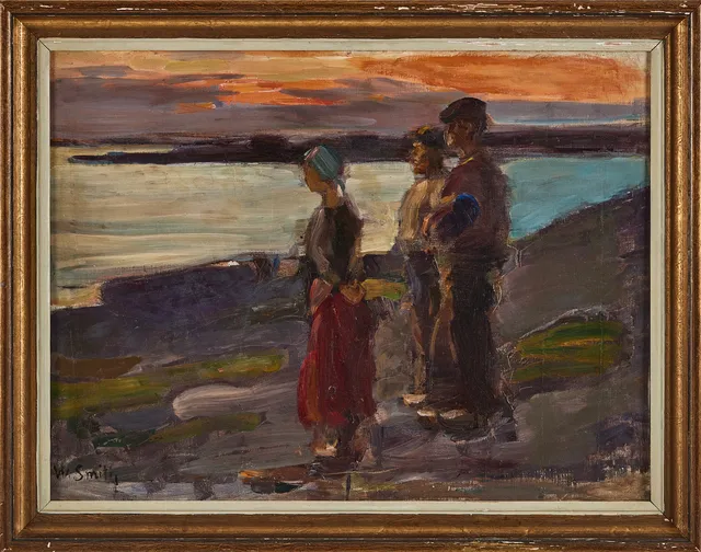 WILHELM SMITH. "Fiskarfolk, Hanö", olja på duk lagd på pannå, signerad W. Smith.