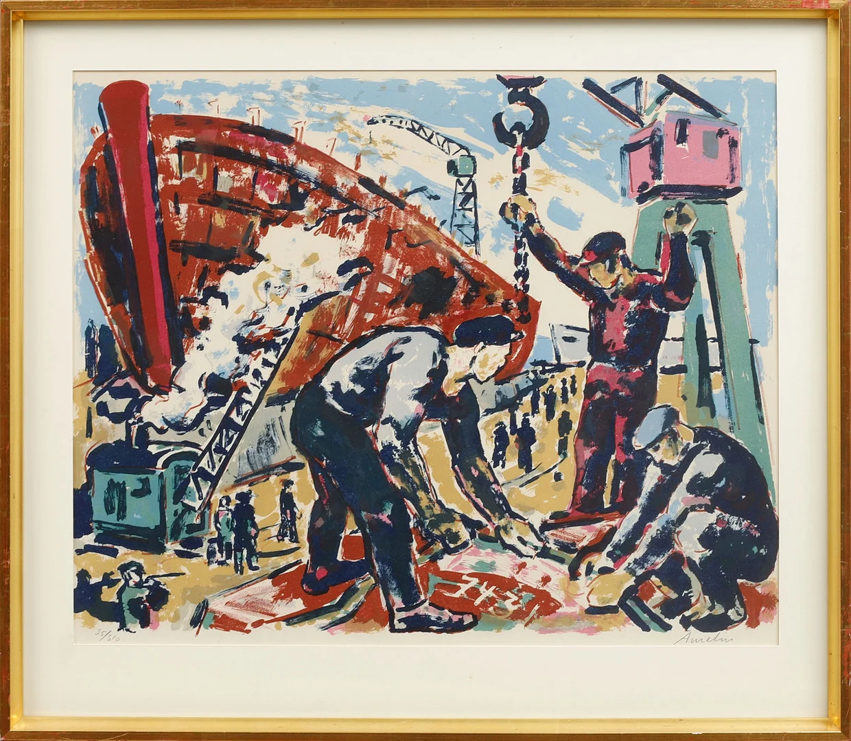 ALBIN AMELIN. Hamnarbetare, färglitografi, signerad och numrerad 35/310. — Engravings & Prints — Göteborgs Auktionsverk