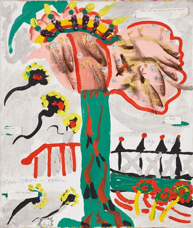 VERNER MOLIN (1907–1980). Landskap med bro, signerad, av konstnären skriven dikt a tergo, mixed media (på duk).