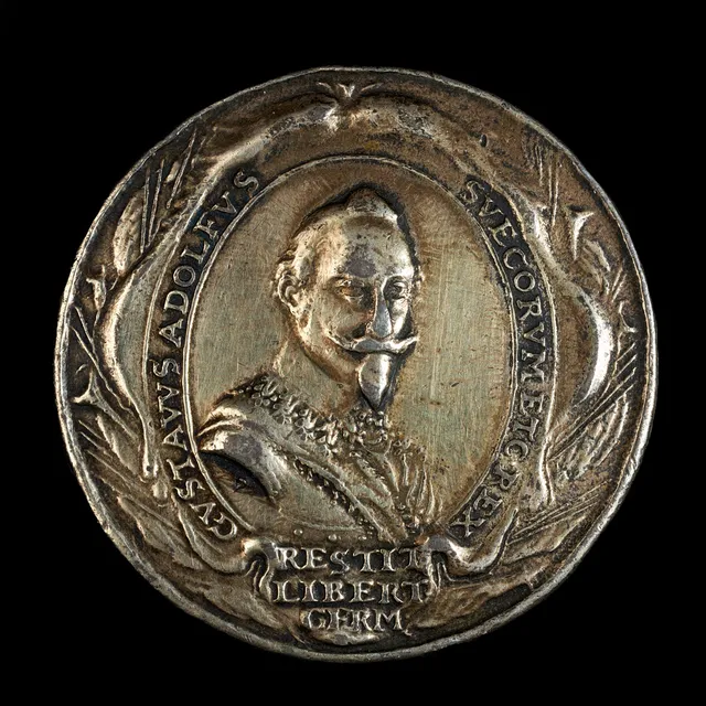 MEDALJ i silver, 1631, till minne av segern vid Breitenfeld 7 september 1631, åtsidan med kungen avbildad med bröstbild, frånsidan med fältslagscen över Breitenfeld.
