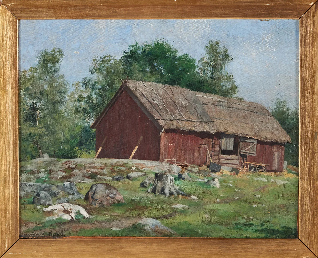 HANNA PAULI. Gårdshus, olja på uppfodrad duk, signerad, daterad 1885. — Paintings — Stockholms Auktionsverk Magasin 5