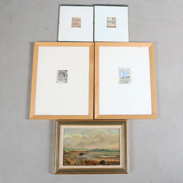 FOUR PENCIL SIGNED PRINTS BY RICHARD WADE AND SUE LEWINGTONA AND AN UNSIGNED OIL PAINTING (5).