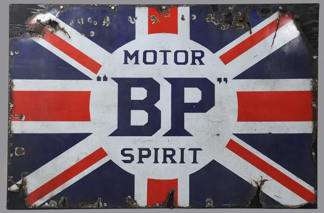 A LARGE 'BP MOTOR SPIRIT' ENAMEL ADVERTISING SIGN.