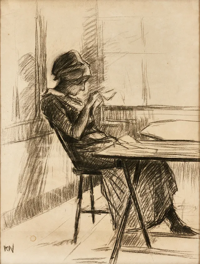 KARL NORDSTRÖM (Tjörn 1855-1923 Drottningholm). "Kvinna vid fönster", signerad, kol på papper.