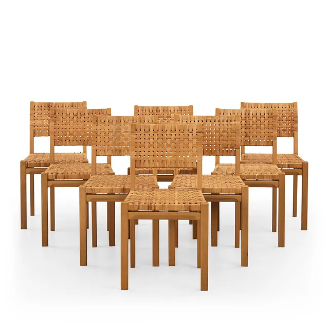 Aino Aalto, stolar, åtta stycken, modell "615", från Finlandiahuset, Artek, 1960-tal.