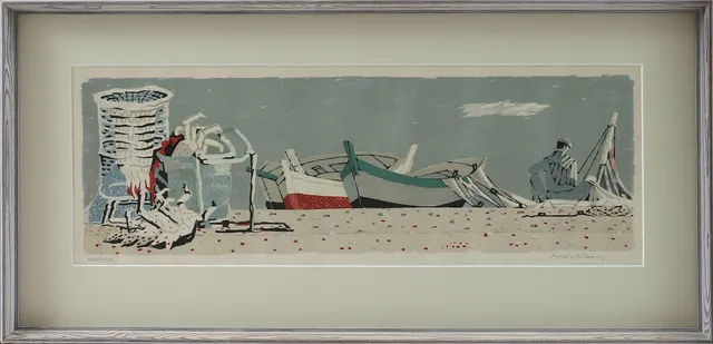 AXEL OLSON. Strandmotiv, färglitografi, signerad, provtryck.