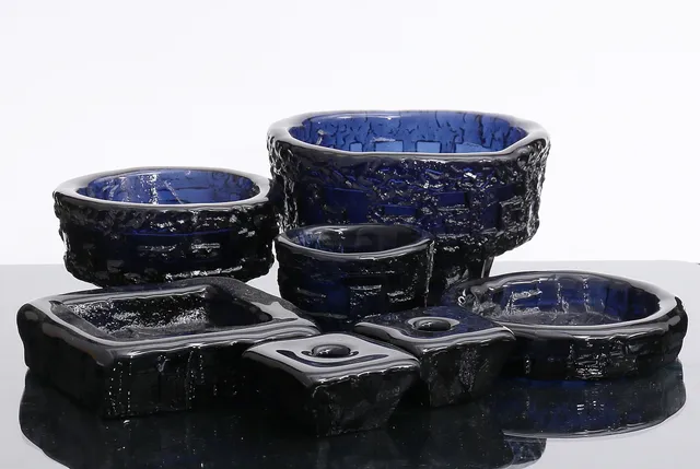 GÖTE AUGUSTSSON. Glasföremål, 7 st, blått glas, Ruda glasbruk, 1960-/70-tal.