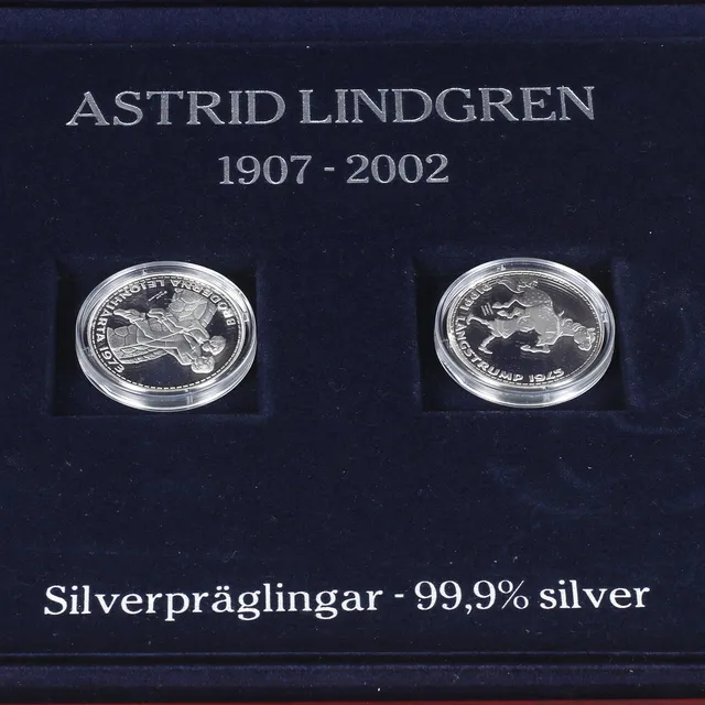 ASTRID LINDGREN. Minnesmynt, 14 st, finsilver 99,9%, Mynthuset Sverige.
