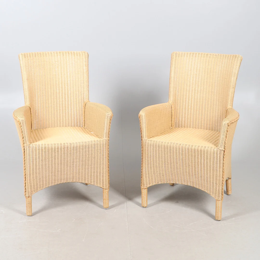 A PAIR OF BAKER LOOM WICKER CONSERVATORY CHAIRS. — Armchairs & Chairs — Lawrences Auctioneers