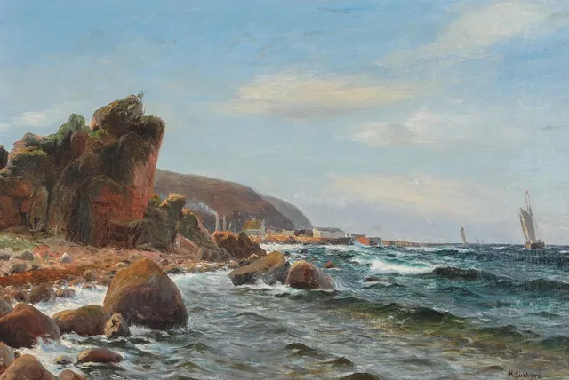 Coastal scene with a large rock and stones at the water's edge and a harbour town in the background. Signed and dated H. Lübbers, 1900. Oil on canvas. 51.5 × 76.5 cm.