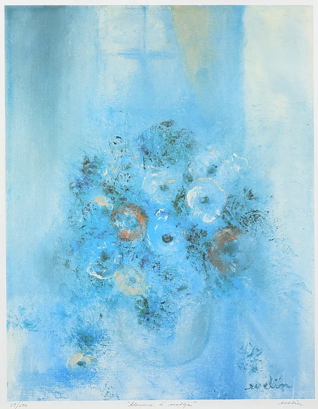 EVELIN MAGNUSSON. "Blommor i motljus". Tryck, handsignerat och numrerat 39/500.
