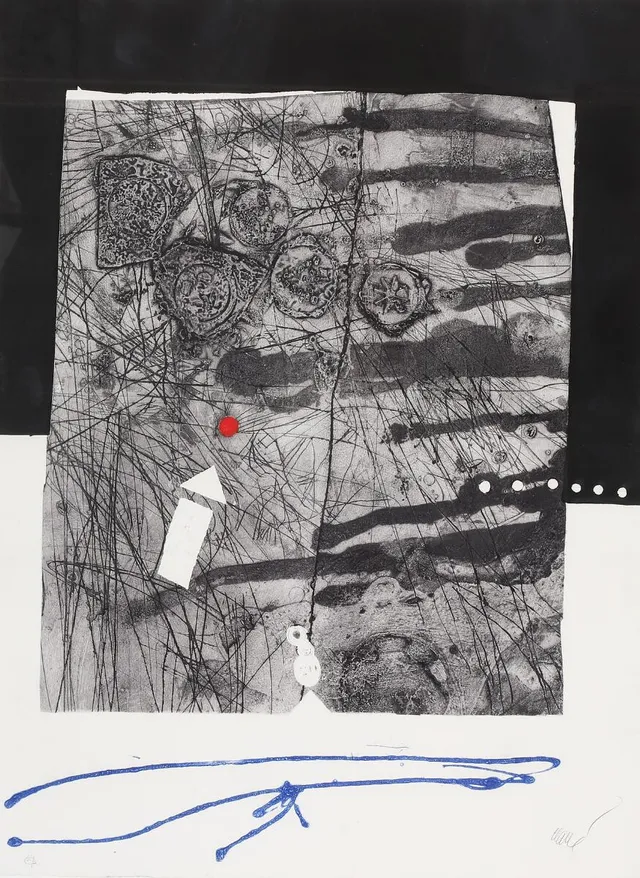 Untitled. Signed Clavé, E. A. Etching i colours. Sheet size 76×56 cm.