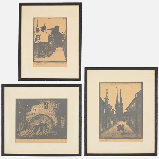 ERNST NILSSON. 3 st, grafiska blad, delvis bemålade, signerade och betitlade.