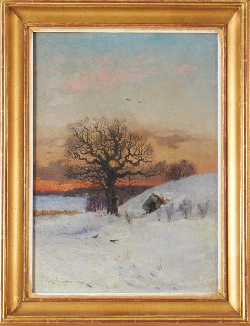 ERIK ABRAHAMSSON (1871-1907). Vinterlandskap i skymning, olja på duk. — Paintings — Stockholms Auktionsverk Magasin 5