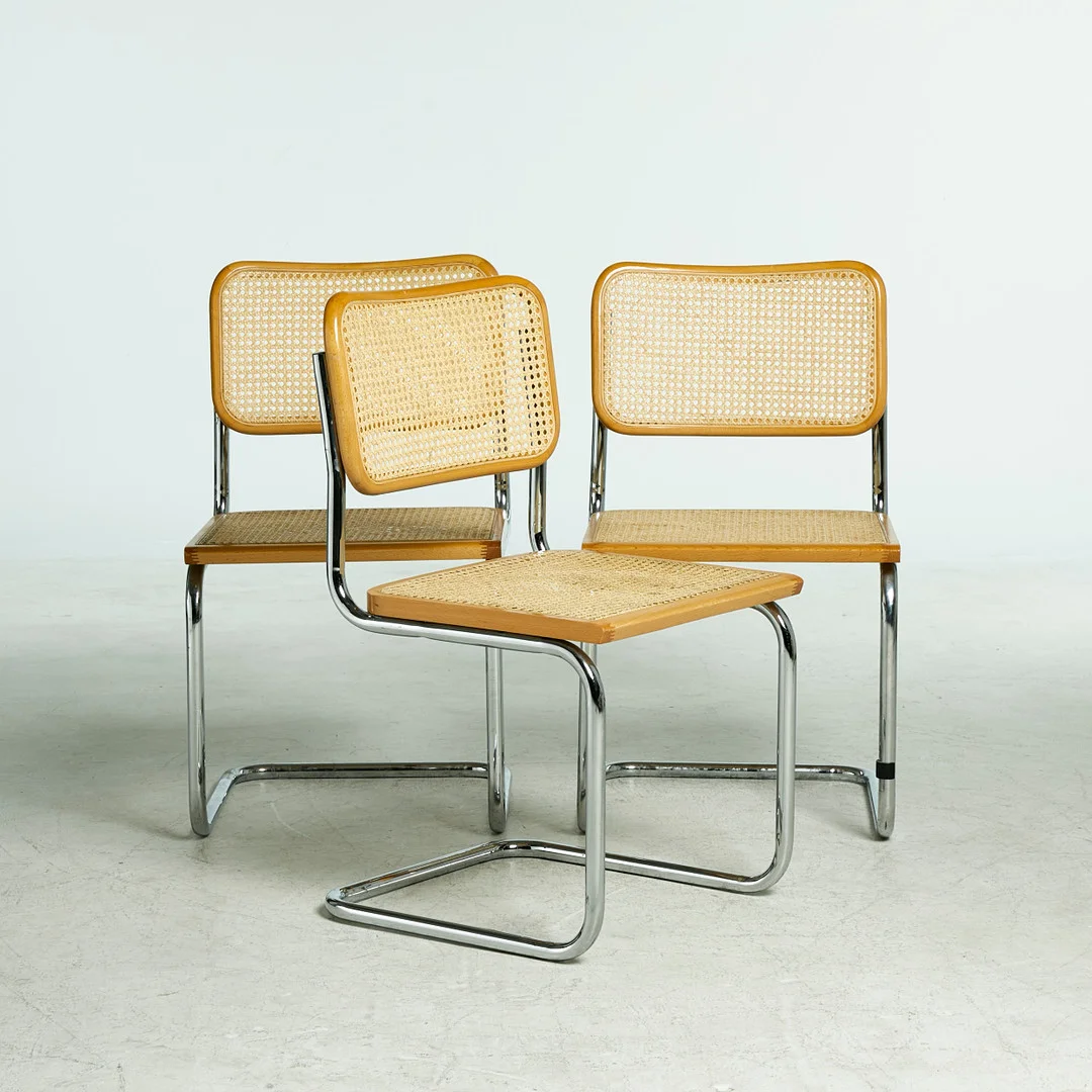 MARCEL BREUER, efter, "Cesca B32", stolar, 3 st, Italien, förkromade stommar, sitsar och ryggar i bok och rotting, märkta Made In Italy. — Armchairs & Chairs — Stockholms Auktionsverk Sickla
