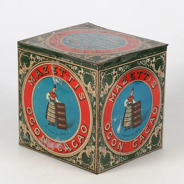 PLÅTBURK. Mazettis Ögon Cacao, 1900-talets första hälft.