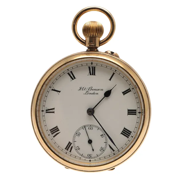 A 9CT GOLD OPEN FACED POCKET WATCH BY J.W. BENSON, LONDON.