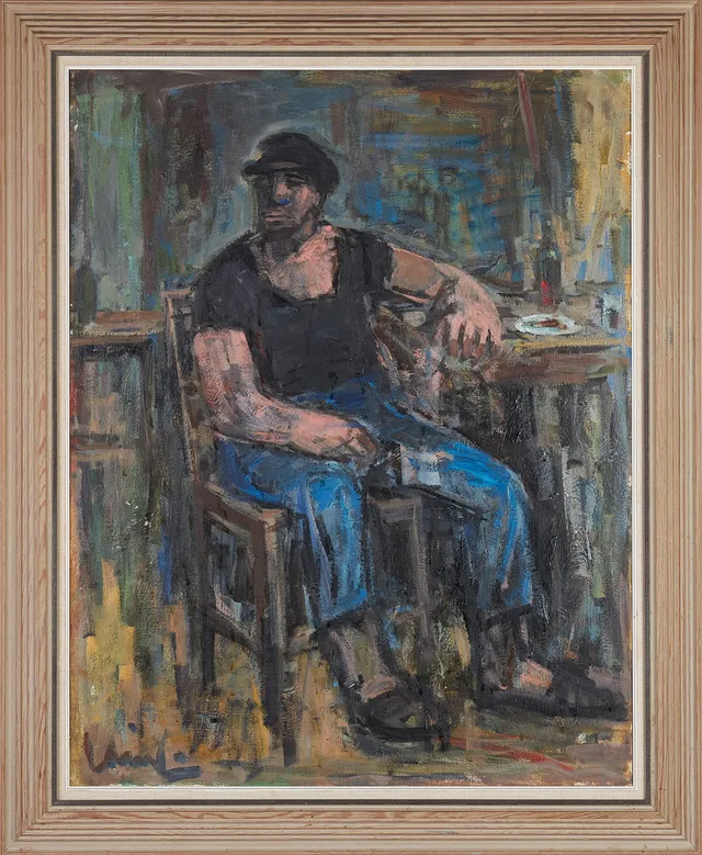 OLAVI LAINE. "Sittande arbetare", olja på duk, signerad.