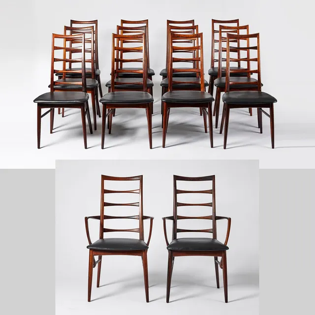 NIELS KOFOED. Stolar, 12 st. samt karmstolar, 2 st., Raymor, Danmark 1960-tal.