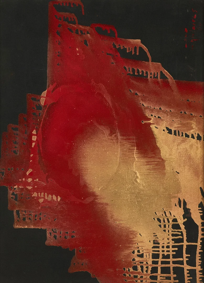 FATEH MOUDARRES (Syrien, 1922-1999. Abstrakt komposition, signerad och daterad Fateh Moudarres -60, lackfärg i rött och guld på papper. — Paintings — Crafoord Auktioner Stockholm