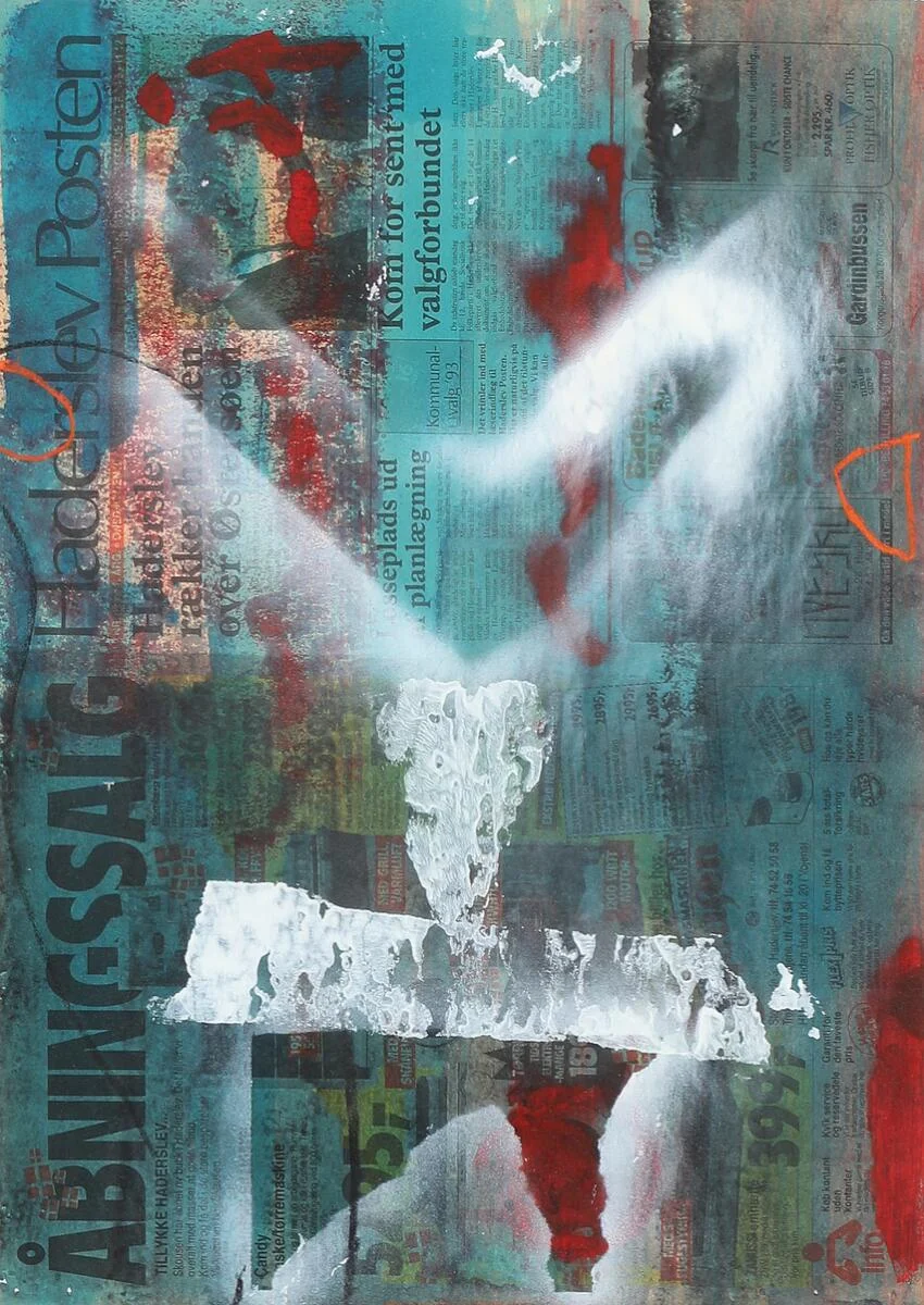 Untitled. Signed J. Birkemose. Mixed media on newspaper mounted on paper. Sheet size 70×50 cm. — Modern Paintings/Modern art — Bruun Rasmussen
