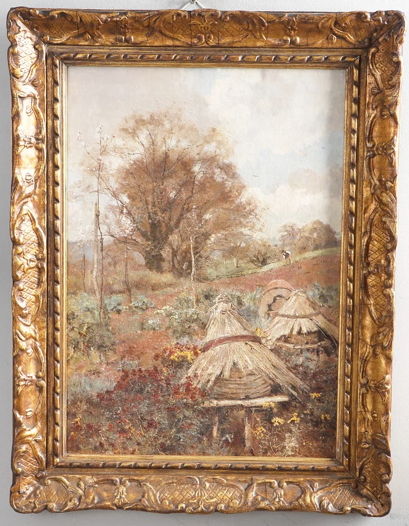 EDWARD WILKINS WAITE (1854-1924). SPRING GARDEN SCENE WITH A GENTLEMAN HOEING AND BEEHIVES IN THE FOREGROUND. — Paintings — Lawrences Auctioneers