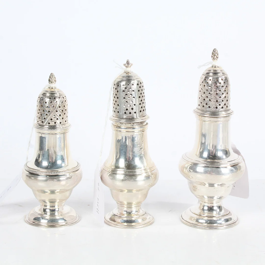 THREE GEORGE III SILVER PEPPERETTES. — Silver — Bishop & Miller