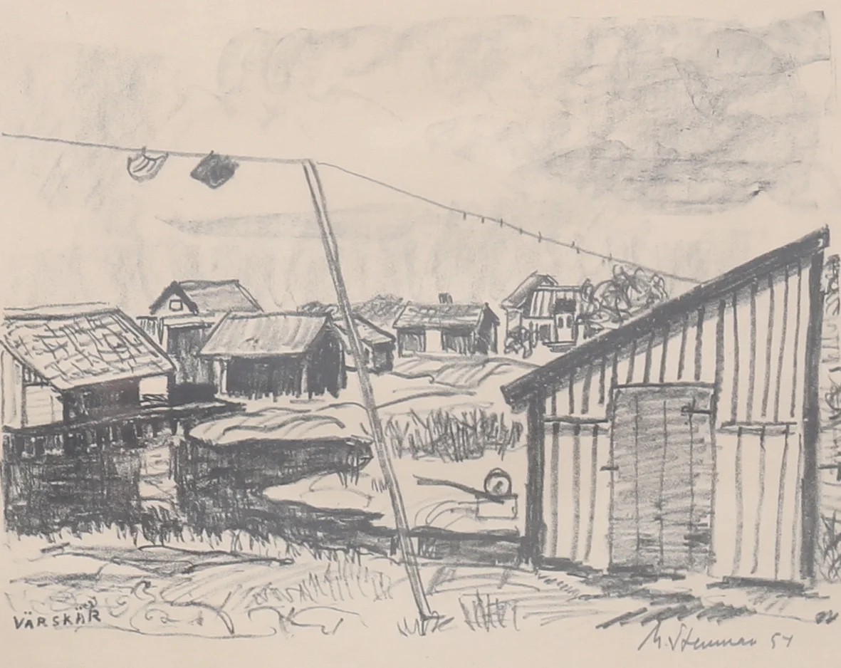 MARTIN STENMAN. "Värskär", Loftahammar. Kolpenna, signerad och daterad 54. — Drawings — Auktionshuset Thelin & Johansson