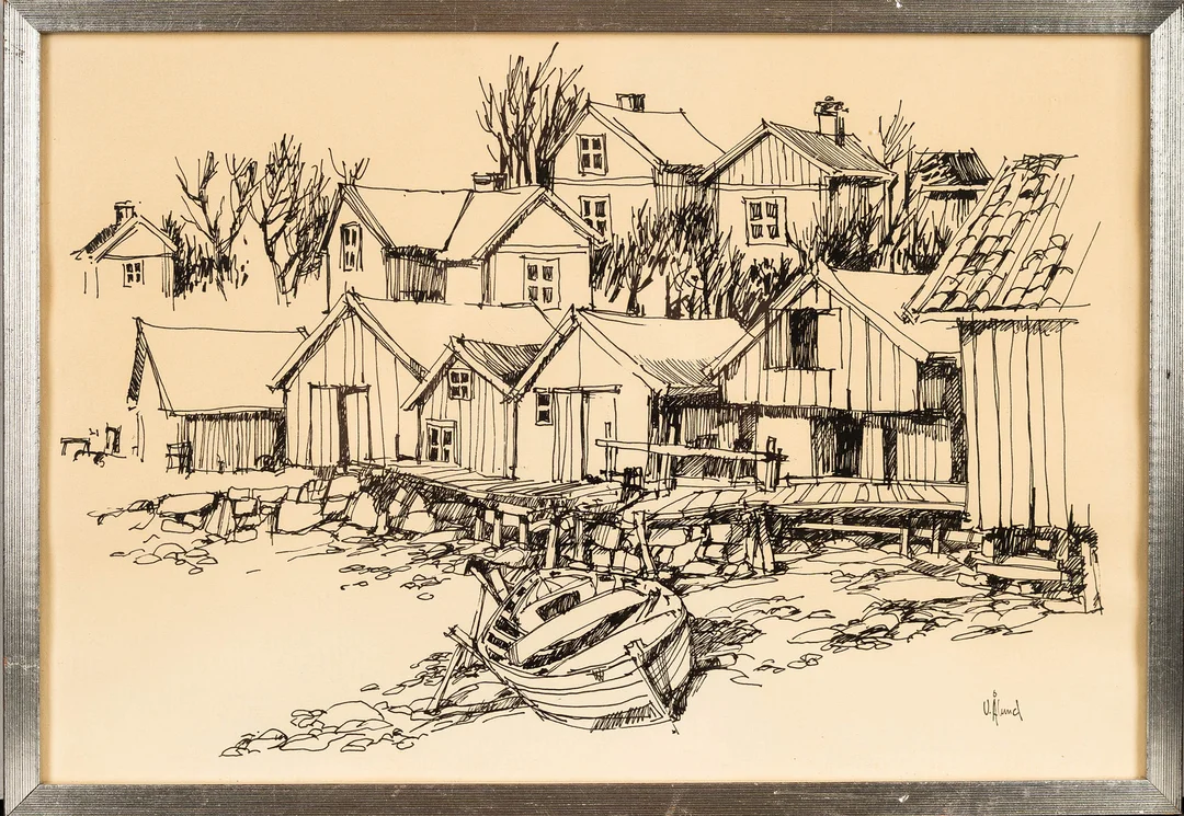 ULF ÅLUND. Blandteknik på papper, hamnmotiv, signerad. — Drawings — Norrlands Auktionsverk