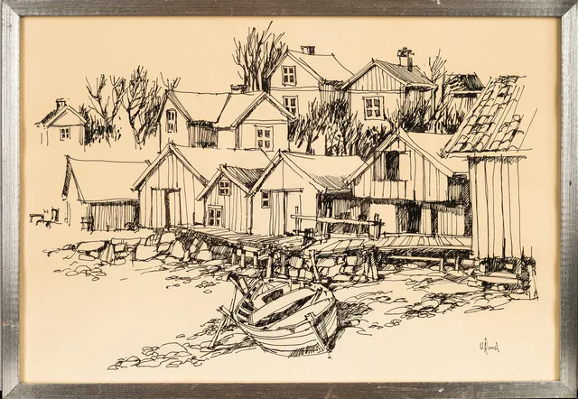 ULF ÅLUND. Blandteknik på papper, hamnmotiv, signerad.
