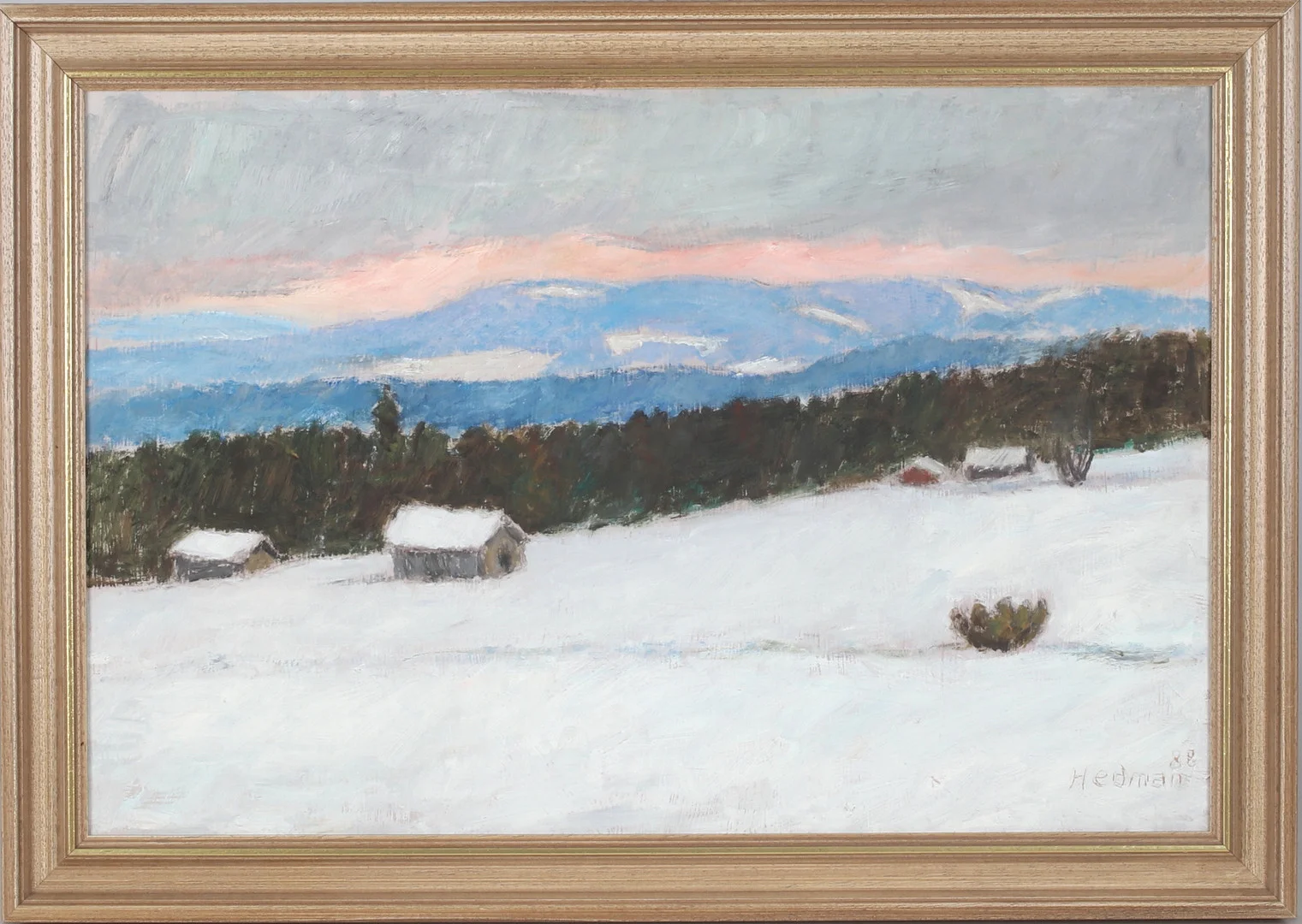 JOHN HEDMAN. Vintermorgon vid Bingsta och Östberg, olja på pannå, signerad. — Paintings — Stadsauktion Sundsvall