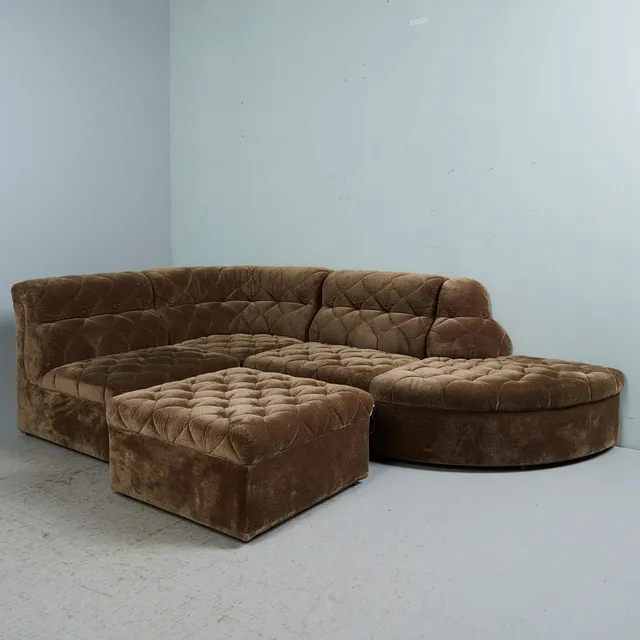 Laauser, vierteiliges Modulsofa und ein Hocker, Holz, Stoff, 1970er Jahre, Deutschland (5).