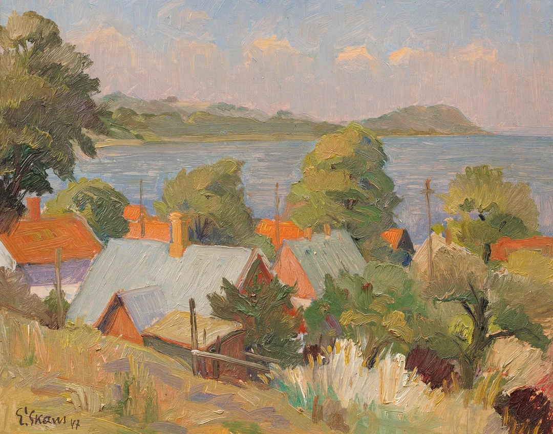 ESKIL SKANS. Motiv från Vik med Stenhuvud, olja på pannå, signerad och daterad -47. — Paintings — Garpenhus Auktioner