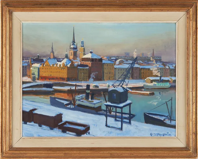 GUNNAR ZETTERSTRÖM. Skeppsbron Stockholm, olja på pannå, signerad.