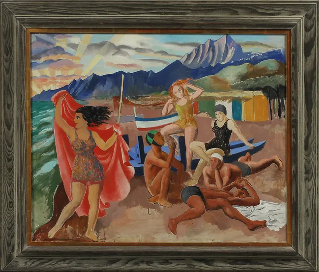 ARVID FOUGSTEDT. Sunbathers on the beach. Oil on canvas, unsigned.