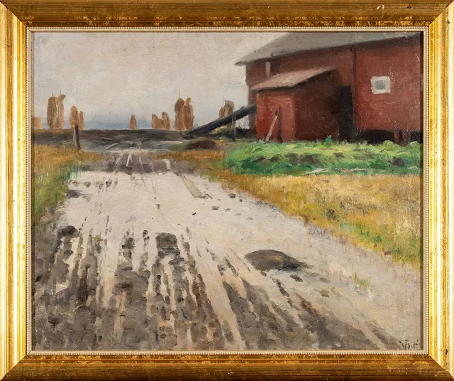 JOHAN TIRÉN. Olja på pannå, Gårds-motiv, Signerad.