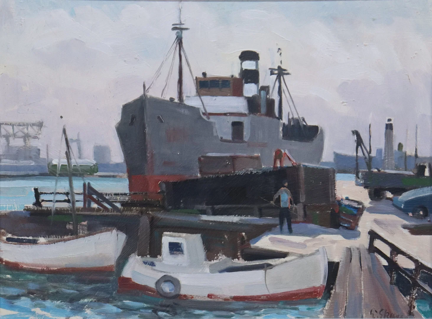 ESKIL SKANS. olja på pannå, hamnbild. — Paintings — Markus Auktioner