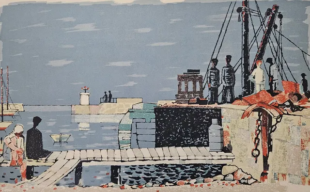 AXEL OLSON. Hamnmotiv. Färglitografi, signerad.