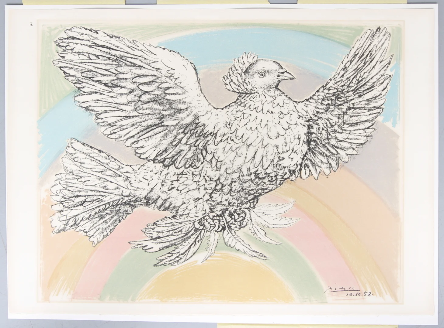PABLO PICASSO. Färglitografi, "Colombe volant (A l'Arc-en-Ciel). Signerad och daterad i trycket 10.10.52. — Engravings & Prints — Gomér & Andersson Linköping